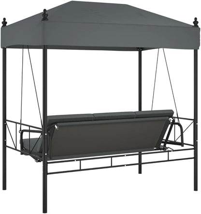 Outdoor Garden Swing Bench with Canopy and Cushions, 3-Seater Patio Swing Bed, Durable Powder-Coated Steel Frame, Dark Grey, 75 Inch Wide