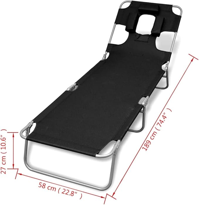 Folding Sun Lounger Black 22.8"x74.4"x10.6" Powder-Coated Steel Frame Adjustable Backrest Patio Pool Beach Lounge - Photo 2