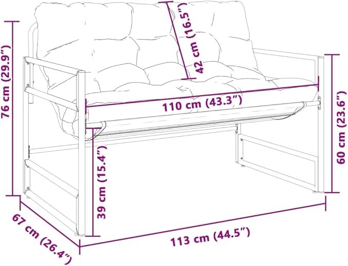 Garden Bench Anthracite Black Powder-Coated Steel Textilene Fabric Outdoor Seating for Two People with 485 lb Capacity and Removable Cushion Cover