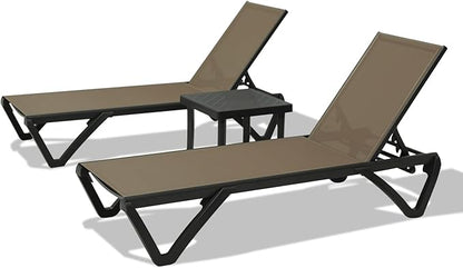 Domi Pool Lounge Chairs Set of 3, Aluminum Chaise Lounge Outdoor with Side Table, Patio Lounge Chair for Outside 5 Position Adjustable & Wheels, Pool Chairs for Poolside Garden