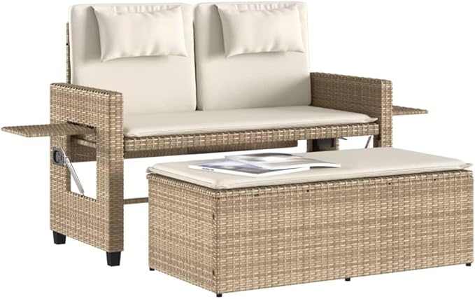 Garden Bench Deck Bench Reclining Patio Bench with Cushions Beige Poly Rattan - Photo 4