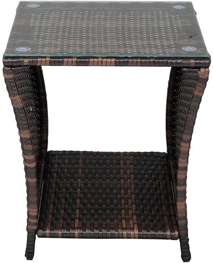 Patio Outdoor Wicker End Table, Rattan Side Square Glass Top Coffee Table with Storage, Nightstand Bed for Bedroom Living Room, Sofa Wedge Brown