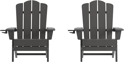 Flash Furniture Newport Adirondack Chairs with Cup Holders, Weather Resistant Poly Resin Adirondack Chairs, Set of 2, Gray