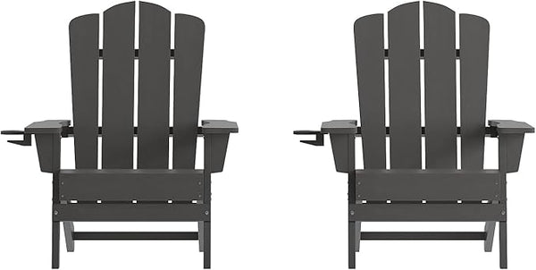 Flash Furniture Newport Adirondack Chairs with Cup Holders, Weather Resistant Poly Resin Adirondack Chairs, Set of 2 - Photo 1