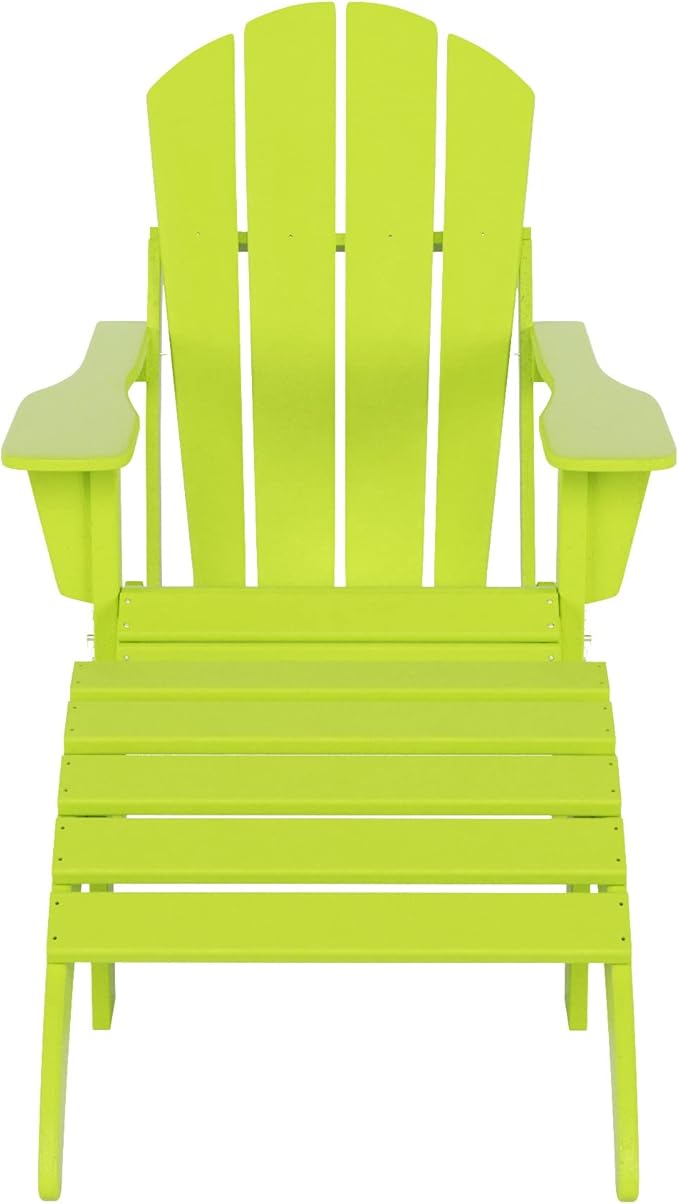 WestinTrends Malibu Outdoor Lounge Chair, 2-Pieces Adirondack Chair Set with Ottoman, All Weather Poly Lumber Patio Lawn Folding Chairs for Outside Pool Garden Backyard Beach, Lime