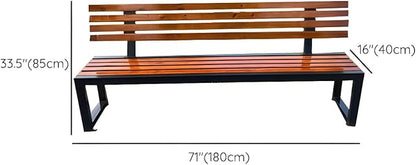 LITFAD Mid-Century Metal Park Bench in Black with Waterproof Wood Seating Gym Rest Bench Patio Bench for Outdoor Use - 71" L x 16" W x 33" H