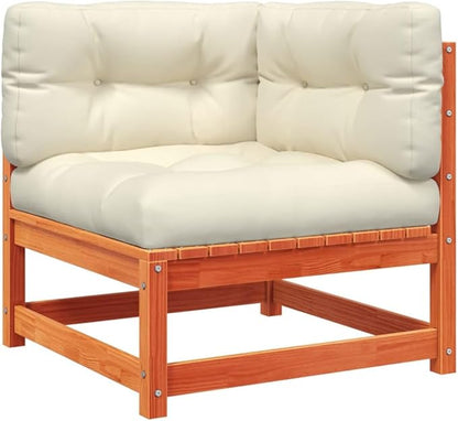 Wax Brown Patio Sectional Sofa with Cushions & Footstool Solid Pine Wood Outdoor Sectional Furniture Set for Garden Terrace Balcony Lounge