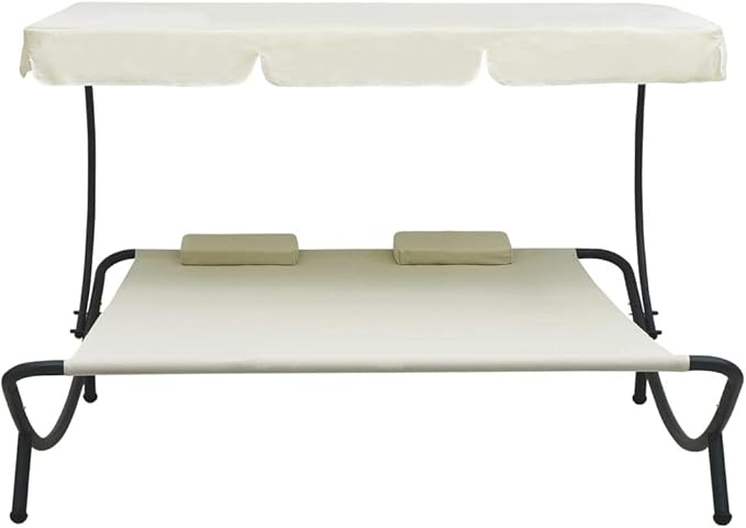 Double Chaise Lounge Outdoor with Adjustable Canopy and Pillow Extra Large Patio Hammock Bed Wheeled for Outside, Sun Room, Garden, Courtyard, Pool,Cream White