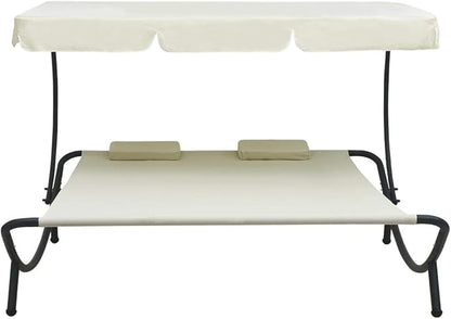 Double Chaise Lounge Outdoor with Adjustable Canopy and Pillow Extra Large Patio Hammock Bed Wheeled for Outside, Sun Room, Garden, Courtyard, Pool,Cream White