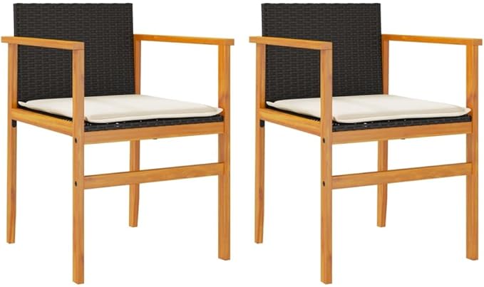 Patio Chairs with Cushions 2 pcs Black Poly Rattan&Solid Wood Sillas para Patio Lawn Chairs for Dining Table Garden - Photo 3