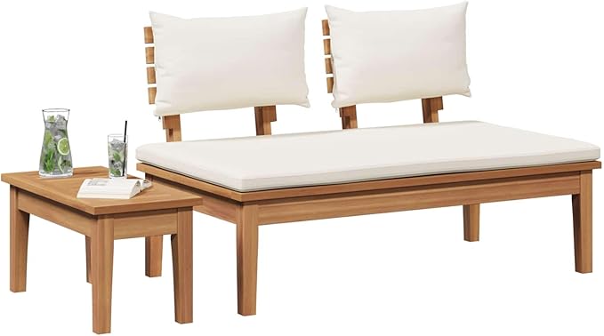 Garden Bench Set 2 pcs Cream and Brown Solid Teak Wood Modern Rectangular Design for Garden and Patio Use