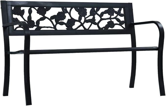 Vintage Black Steel Garden Bench 49.2 in Durable Outdoor Seating with Floral Backrest for Patio Garden Balcony Comfortable Two-Person Bench