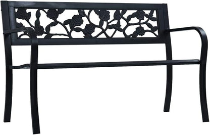 Vintage Black Steel Garden Bench 49.2 Inch Outdoor Seating with Floral Backrest, Durable Steel Frame and Synthetic Materials for Patio Balcony Garden, Comfortable Two-Person