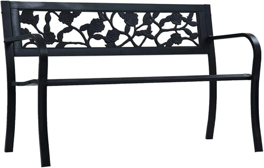 Vintage Black Steel Garden Bench 49.2 Inch Outdoor Patio Seating with Floral Backrest Durable Rectangular Bench for Two People