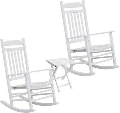 White Porch Rockers 3 Piece Outdoor Wooden Adults Furniture Set with 2 Rocking Chair and 1 Outdoor Side Table for Patio Lounge Balcony