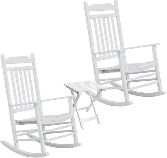 White Porch Rockers 3 Piece Outdoor Wooden Adults Furniture Set with 2 Rocking Chair and 1 Outdoor Side Table for Patio Lounge Balcony