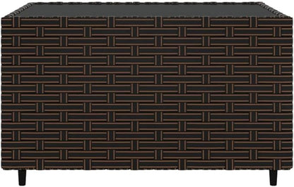 Square Garden Coffee Table, Small Outdoor Patio Side Table with Tempered Glass Top and Weather-Resistant Poly Rattan, Brown