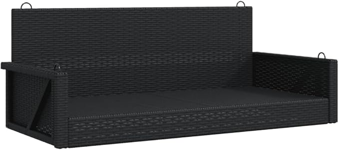 Black PE Rattan Swing Bench 2 Seater with Powder-Coated Steel Frame for Outdoor Relaxation and Lounging