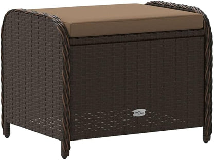 vidaXL Patio Stool with Cushion - Brown Poly Rattan Outdoor Ottoman Seating - Steel Frame - 22.8" x 18.1" x 18.1"