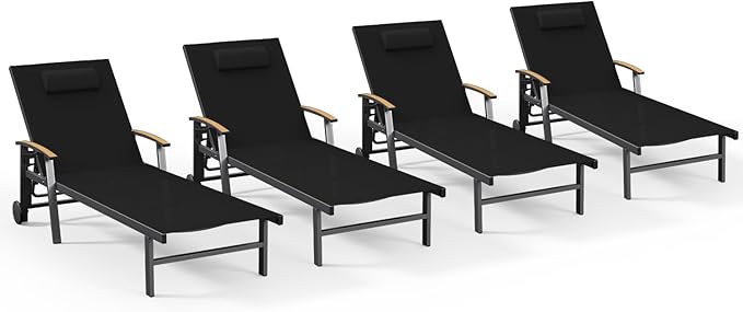 Ciokea Outdoor Lounge Chair with Pillow Set of 4, 5-Position Chaise Lounge with Wheels & Armrests - Photo 1