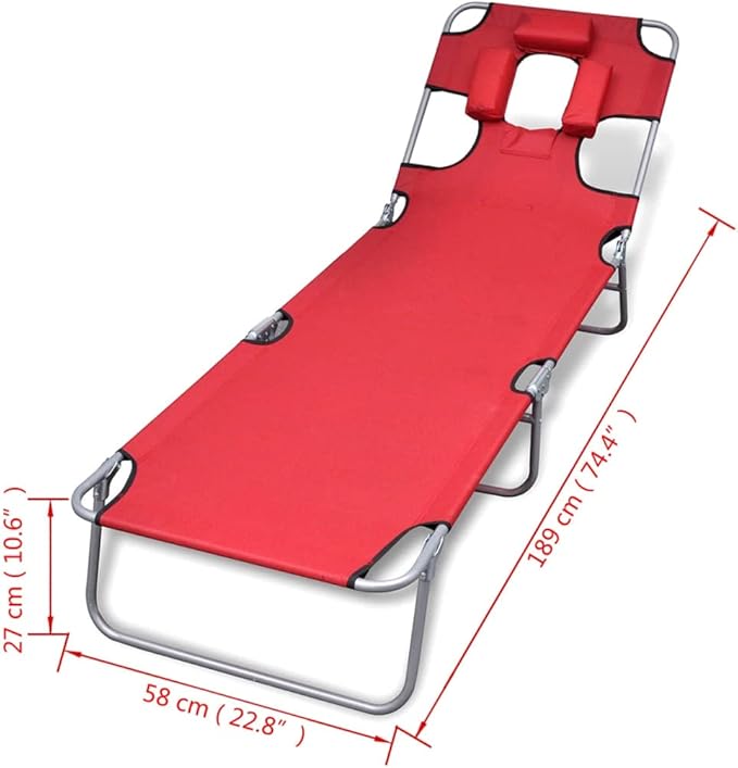 Red Folding Sun Lounger Outdoor 74.4" Long Powder-Coated Steel Frame Adjustable Headrest Portable Beach Patio Poolside - Photo 2