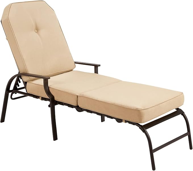 U-MAX Adjustable Outdoor Chaise Lounge Chair Patio Lounge Chair Recliner Furniture with Armrest and Cushion for Deck, Poolside, Backyard (Beige, 1 PC)