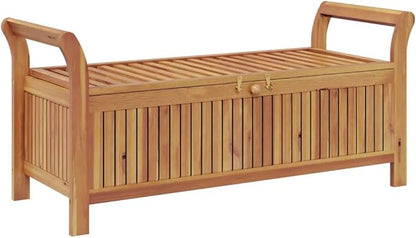Outdoor Storage Bench with Cushion, Solid Acacia Wood Garden Seating for Patio, Backyard, Deck, Weather-Resistant Brown Storage Chest, 2-Seater