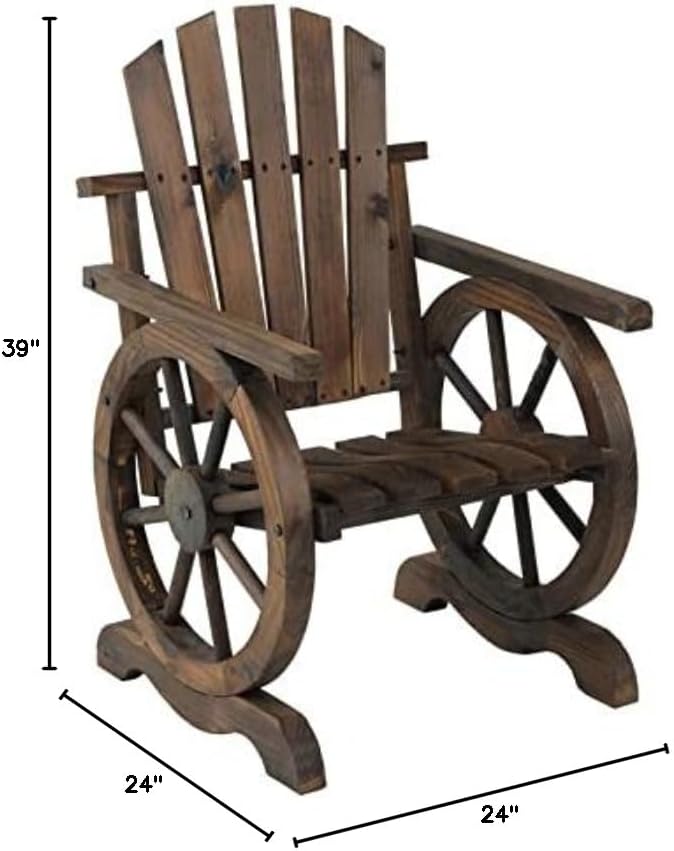 39" Farmhouse Wood Adirondack Chair, Mocha Brown Finish, Solid Construction, Rustic Wheel Detailing, Angled Back for Comfort, Durable Outdoor Patio or Backyard Seating