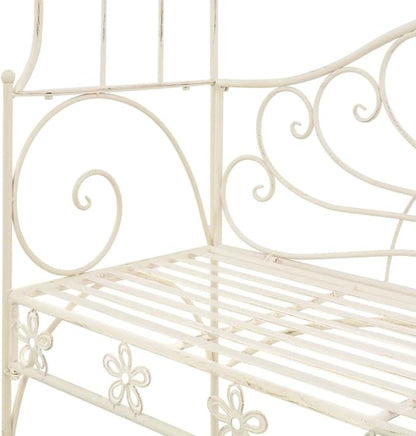 Antique White Wrought Iron Standard Garden Bench for Outdoor Patio, Comfortable Seating for Two, Durable Metal Furniture with Classic Finish, Perfect for Backyard and Garden