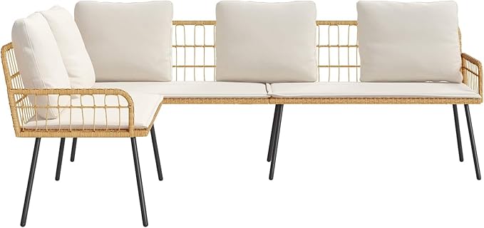 Modern Garden Sofa with Cushion Brown 61.5 x 123 x 82cm Metal Frame, L-Shaped Outdoor Furniture for Patio, Poly Rattan Armrests and Steel Construction, Single Bench Cushion