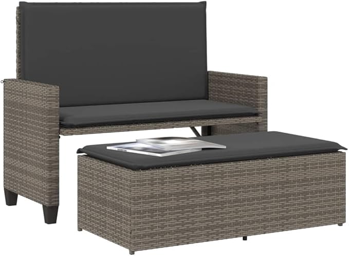 Garden Bench Deck Bench Patio Bench with Cushions and Footstool Gray Poly Rattan - Photo 4