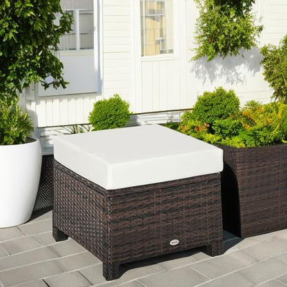 Outsunny 20" Patio Wicker Ottoman, Multipurpose Outdoor PE Rattan Footrest, Additional Seating, Side Table with Soft Cushion, Brown, White