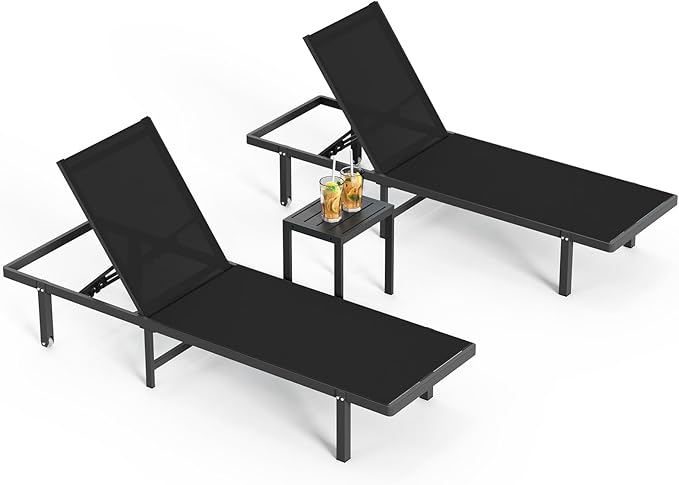Pool Lounge Chairs Set of 3 (2 Loungers + 1 Side Table)，Outdoor Lounge Chairs with Wheels and 5-Position Recliner - Photo 8