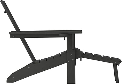 Taylor & Logan Hedley Adirondack Chair with Cup Holder and Pull Out Ottoman, All-Weather HDPE Indoor/Outdoor Lounge Chair in Black, Set of 2