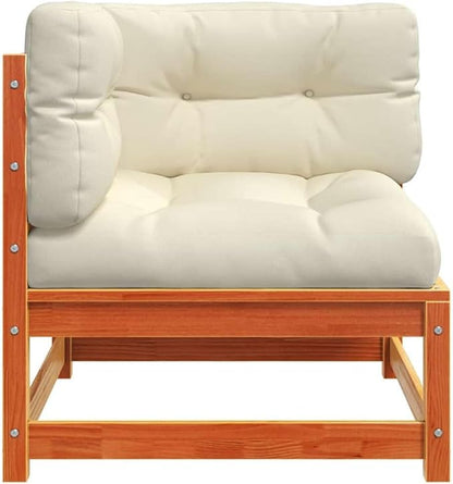 Brown Waxed Pine Outdoor Corner Sofa, 10.9x10.9x10.4 in Cube Seat, Weather-Smart Cushions, Modular Indoor Patio Couch for Balcony, Garden and Small Deck