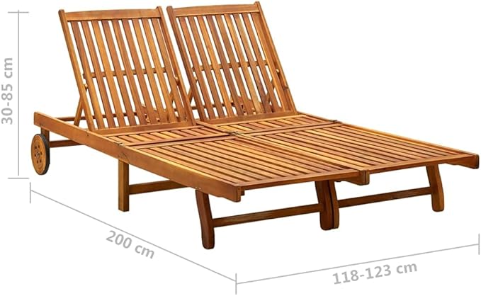 2-Person Patio Sun Lounger with Cushions Solid Wood Acacia Adjustable Backrest and Footrest for Outdoor Relaxation in - Photo 2