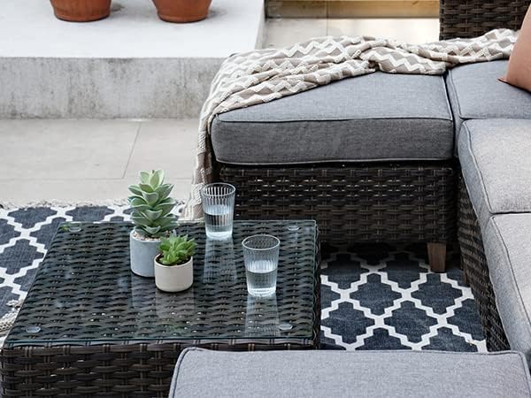 Grand patio Outdoor Coffee Table Wicker Patio Side Table Wicker Patio Table Furniture Conversation Set with Glass Top