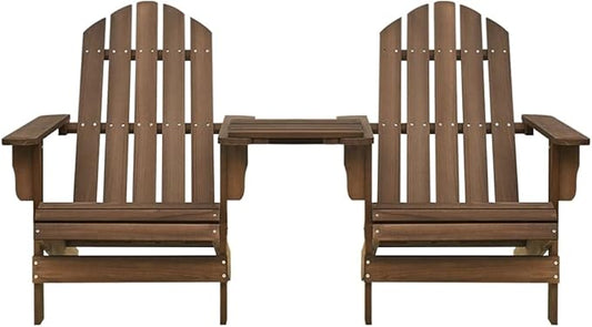Solid Fir Wood Adirondack Chair with Weathered Finish and Matching Tea Table for Outdoor Patio Garden Relaxation and Lounging