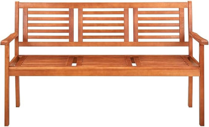 Solid Eucalyptus Wood Garden Bench Natural Brown Outdoor Furniture Durable Large Traditional Style 55.1 Inch Wide Spacious Seating for Patio Terrace