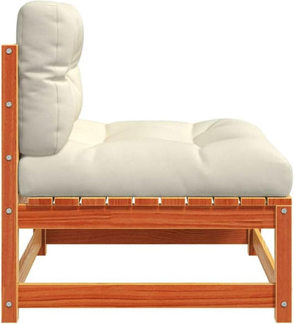 Solid Pine Wood Armless Garden Sofa Modular Outdoor Furniture with Weather-Resistant Cushions for Patio Terrace Balcony Rustic Brown Cream