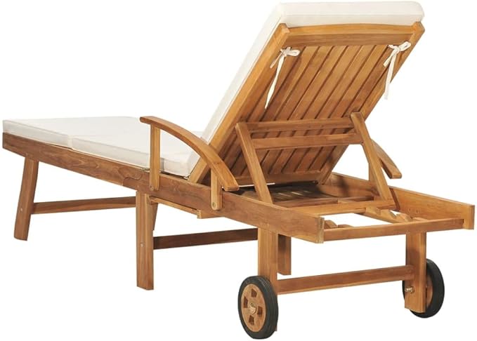 Solid Teak Wood Sun Lounger with Adjustable Footrest and Cream Cushion, Portable Outdoor Chaise Lounge for Poolside - Photo 5
