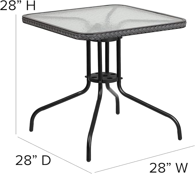 Flash Furniture Barker 28'' Square Tempered Glass Metal Table with Gray Rattan Edging