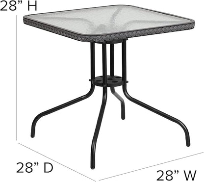 Flash Furniture Barker 28'' Square Tempered Glass Metal Table with Gray Rattan Edging