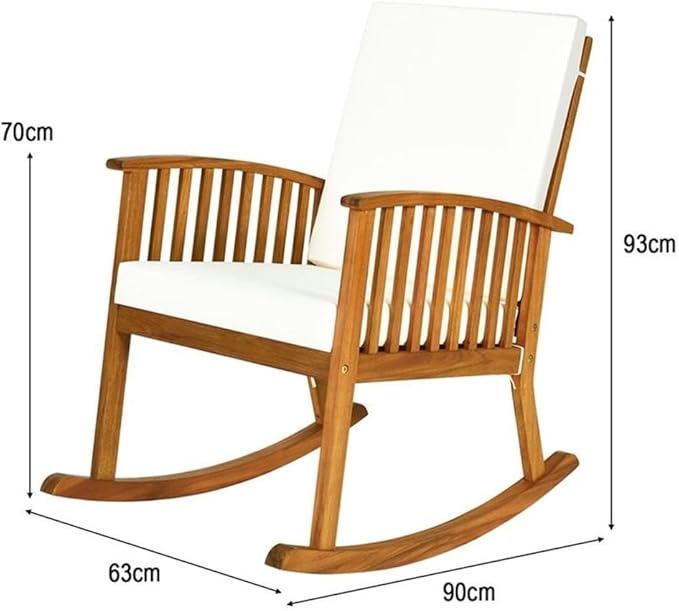 Pemberly Row Acacia Wood Patio Rocking Chair with Cushion, Natural Finish, 35.5" L x 25" W x 36.5" H, Rustic Design, Ergonomic Backrest, Washable Covers, Outdoor Garden Porch Deck Seating