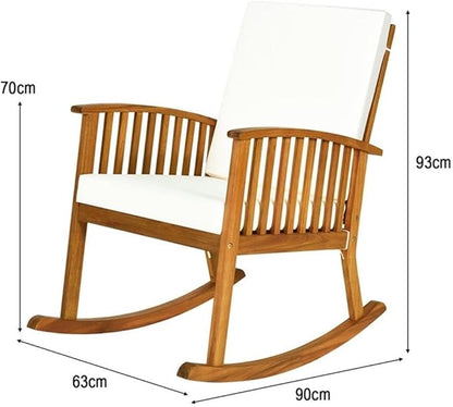 Pemberly Row Acacia Wood Patio Rocking Chair with Cushion, Natural Finish, 35.5" L x 25" W x 36.5" H, Rustic Design, Ergonomic Backrest, Washable Covers, Outdoor Garden Porch Deck Seating
