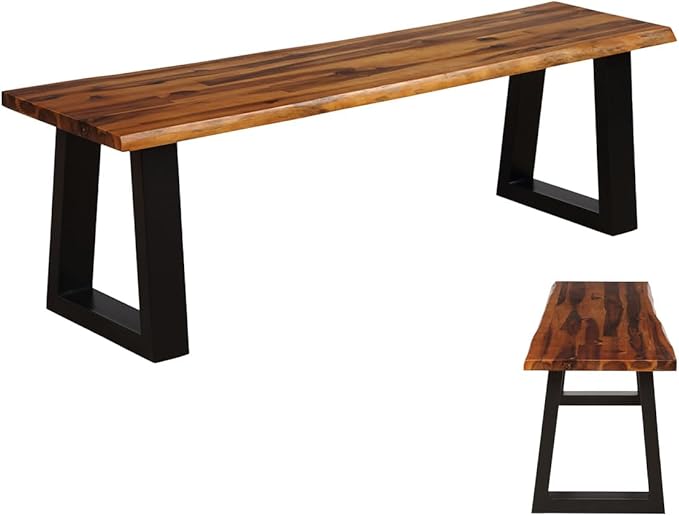 Outdoor Bench, 57.5” Rustic Acacia Wood Dining Bench with Metal Legs, Weatherproof Park Benches for Outside, 2-Person Backless Narrow Garden Bench for Indoors & Outdoors (1)