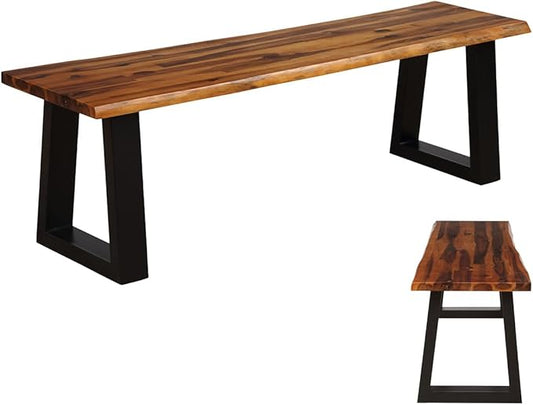Outdoor Bench, 57.5” Rustic Acacia Wood Dining Bench with Metal Legs, Weatherproof Park Benches for Outside, 2-Person Backless Narrow Garden Bench for Indoors & Outdoors (1)