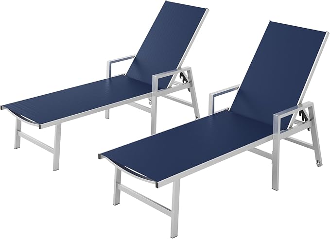 Patio Chaise Lounge Chair Outdoor Set of 2 with Wheels&Armrests, Aluminum Pool Lounge Chairs Five-Position Adjustable Recliner, Outdoor Beach Lounge Chairs for Poolside, Patio, Deck, Yard, Navy Blue
