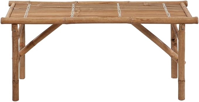 Portable Folding Garden Bench with Blue Cushion, Natural Bamboo Frame and 100% Polyester Medium Seat, Weather Resistant Outdoor Furniture for Patio Balcony, Foldable Design