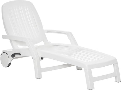 Outsunny Outdoor Chaise Lounge Chair on Wheels with Storage Box, Waterproof Lounger with Quick Assembly, Folding Design, 5 Level Adjustable Backrest for Pool, Beach, Patio, Garden, White